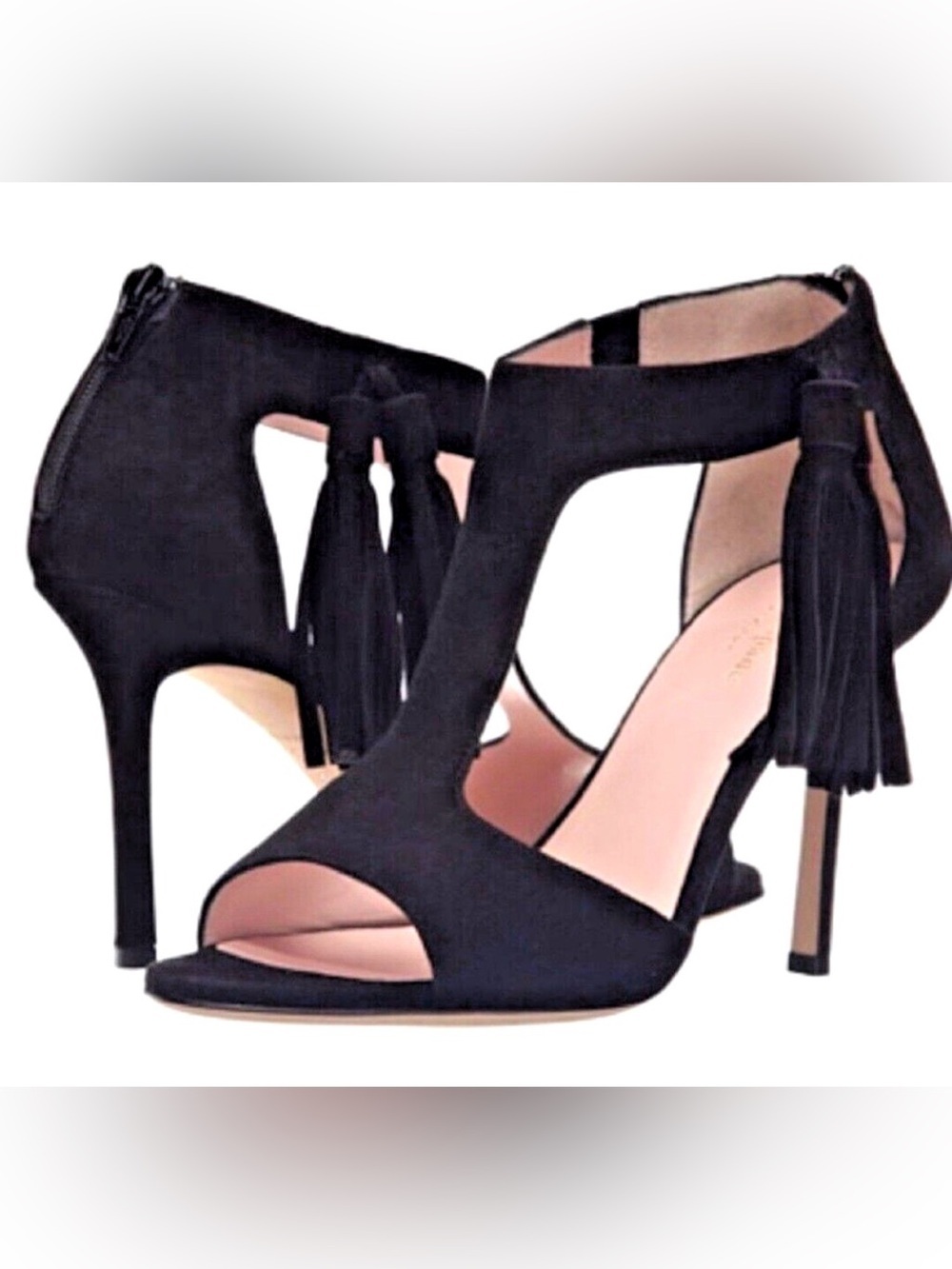 kate spade Black Open-Toe T-Strap Heels with Tassel Accent